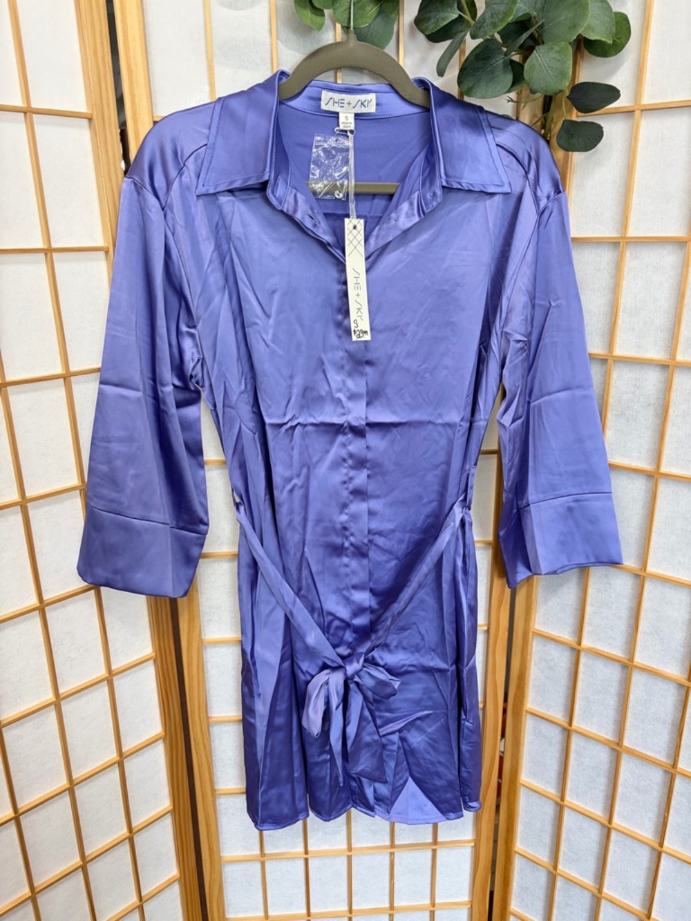 She + Sky Lavender Satin Wrap Tunic